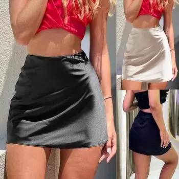 Rose Beauty A Женская повседневная мягкая шелковистая глянцевая атласная А-силуэт эластичная высокая талия молния летняя облегающая сексуальная короткая юбка праздничный наряд XS чёрный