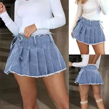 Rose Beauty A Женская винтажная джинсовая мини-юбка Y2K Street с потертыми краями, защипами и складками, с бантом сбоку и запахом S светло-синий