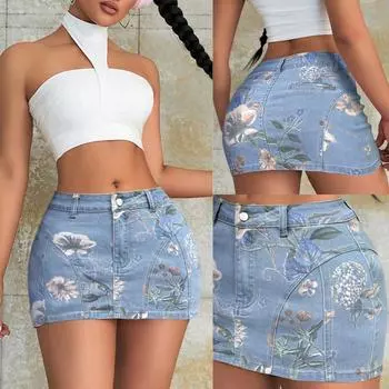 Rose Beauty A Женская винтажная джинсовая мини-юбка с высокой талией и цветочным принтом, повседневный весенний комфортный джинсовый наряд XS синий