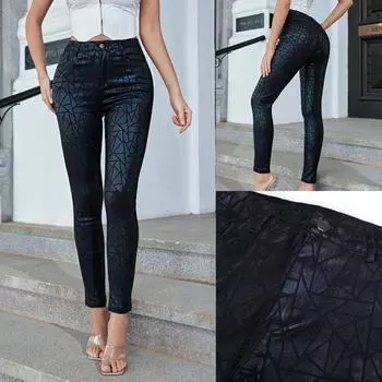 Rose Beauty A Женские эластичные обтягивающие брюки-карандаш с геометрическим узором из искусственной кожи XS чёрный