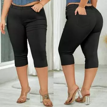 Rose Beauty A Женские брюки-капри с высокой талией, ультраэластичные, с косыми карманами, повседневные, удобные, весенние, длиной до колена 0XL чёрный