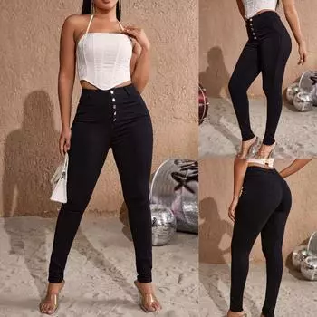 Rose Beauty A Женские брюки с высокой эластичностью, застежкой на несколько пуговиц, узкие брюки, эластичные узкие брюки-карандаш XS чёрный