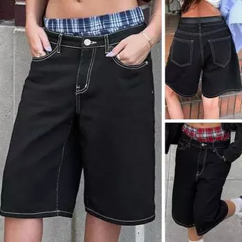Rose Beauty A Женские брюки Y2K Street Заниженная талия Контрастная строчка сверху Косые карманы Повседневные свободные эластичные джинсовые шорты длиной до колена Шорты Hottie Outfits XS чёрный