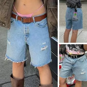 Rose Beauty A Женские джинсы-бермуды Y2K Street с косыми карманами, рваными, потертыми краями, широкими штанинами, длиной до колена, повседневные шорты из денима XS синий