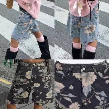 Rose Beauty A Женские джинсы из денима Y2K Street Vintage Цветочный принт Косые карманы Необработанная отделка Джинсовые шорты длиной до колена XS синий