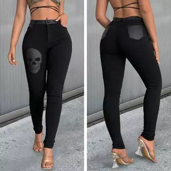 Rose Beauty A женские леггинсы с высокой талией в стиле панк-готика с рисунком черепа, однотонные черные леггинсы из искусственной кожи с накладными карманами на талии, эластичные узкие брюки, сексуальные повседневные брюки XS чёрный