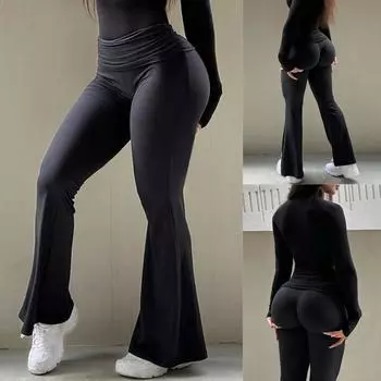 Rose Beauty A женские леггинсы Y2K спортивные с отворотом с высокой талией и широким поясом для бега, йоги, упражнений, повседневные, удобные XL чёрный