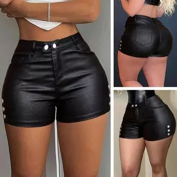 Rose Beauty A Женские облегающие винтажные шорты Rave с высокой талией, боковыми пуговицами, двойной пряжкой, косыми карманами из искусственной кожи, обтягивающие мини-шорты, повседневные, обычные, короткие XS чёрный