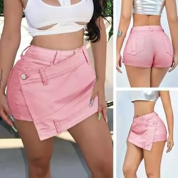 Rose Beauty A Женские однотонные джинсы Rave Y2K Street Vintage Stretch Overlay Wrap Solid Asymmetrical Hem A-Line Skinny Mini Denim Skorts XS розовый