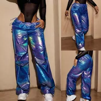 Rose Beauty A женские рейв голографические брюки-карго с завязками на талии и пайетками цвета парашюта свободные женские брюки XS королевский синий