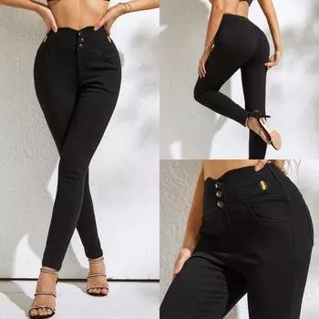 Rose Beauty A Женские узкие брюки с застежкой на пуговицы и высокой талией, эластичные обтягивающие брюки-карандаш XS чёрный