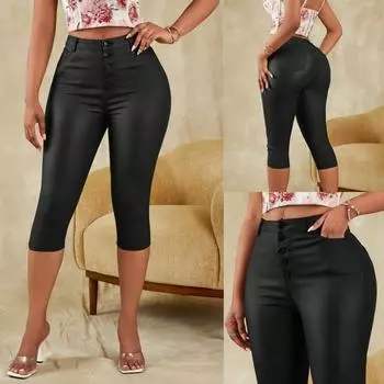Rose Beauty A женские винтажные брюки-капри из искусственной кожи с высокой талией, косыми карманами и пуговицами, эластичные обтягивающие брюки-карандаш XS чёрный