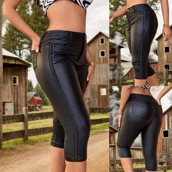 Rose Beauty A Женские винтажные брюки-капри из искусственной кожи с высокой талией, косыми карманами и металлической отделкой XS чёрный