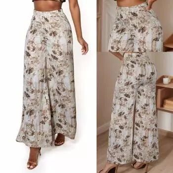 Rose Beauty A Женские винтажные брюки Y2K с высокой талией и скрытым эластичным принтом бабочек, широкие струящиеся брюки, повседневные удобные брюки XS