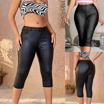 Rose Beauty A женские винтажные однотонные эластичные брюки-капри из искусственной кожи с высокой талией и косыми карманами, повседневные брюки длиной до колена XS чёрный