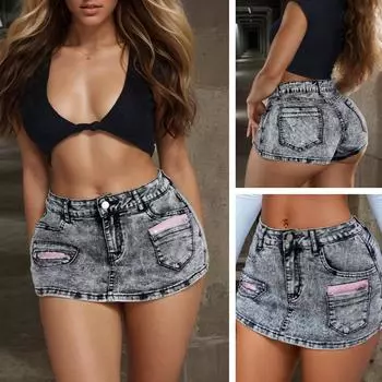 Rose Beauty A Женские винтажные опрятные юбки 90-х годов с заниженной талией, контрастными накладными карманами на молнии, обтягивающие сексуальные мини-юбки из денима, наряд для горячей красотки XXS синий