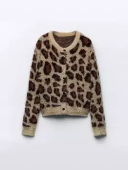 Rose Beauty A Женский повседневный кардиган с леопардовым узором на пуговицах и длинными рукавами, новый кардиган из искусственного меха, осень и зима S верблюд