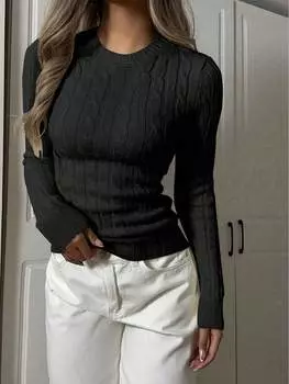 Rose Beauty A женский весенний легкий повседневный свитер с круглым вырезом и длинным рукавом, облегающий, укороченный, вязаный косами, базовый пуловер XXS чёрный