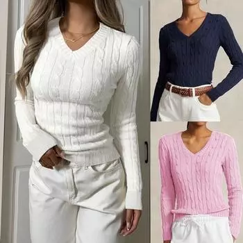 Rose Beauty A Женский весенний повседневный свитер с V-образным вырезом и длинным рукавом, облегающий, укороченный, вязаный косами, базовый пуловер XS белый