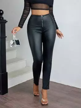 Rose Beauty Брюки с высокой талией, молнией спереди и деталями швов, эластичная ПУ кожа, расклешенные скинни XS чёрный