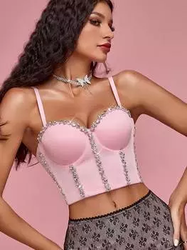 Rose Beauty Элегантный розовый бюстье с открытой спиной, украшенный стразами и заклепками, укороченный топ-топ для клуба XS розовый