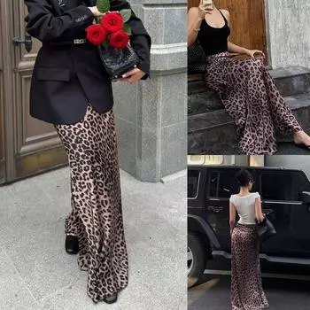 Rose Beauty Классическая атласная юбка миди с леопардовым принтом, высокой талией, скрытой резинкой, застежкой-молнией сзади, расклешенным подолом цвета русалки XS разноцветный