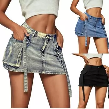 Rose Beauty Новая женская уличная красотка 2000 года, однотонная джинсовая мини-юбка-карго с карманами-клапанами и отделкой из тесьмы XXS синий