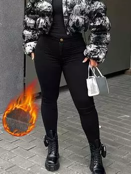 Rose Beauty Осенне-зимняя классика в стиле минимализма с высокой талией, эластичными косыми карманами, облегающими черными узкими брюками до щиколотки на термоподкладке, теплыми брюками XL чёрный