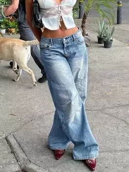 Rose Beauty Повседневная уличная одежда с косыми карманами, лоскутным швом, потертые мешковатые джинсы с широкими штанинами, осенняя одежда S небесно-голубой