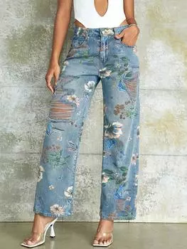 Rose Beauty Повседневные джинсы с рваным цветочным принтом и накладным карманом XS синий