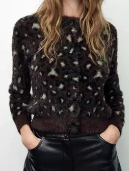 Rose Beauty Повседневный кардиган из искусственного меха с длинными рукавами и жаккардовым принтом, осень и зима S чёрный
