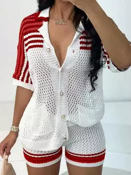 Rose Beauty Повседневный комплект из 2 предметов с полосатым узором, застежкой на пуговицы спереди, коротким рукавом, рубашкой, трикотажным верхом, блузкой, кардиганом и трикотажными шортами XS разноцветный