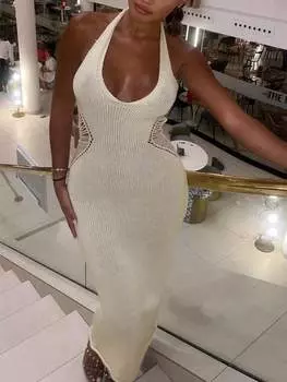Rose Beauty Сексуальное платье с V-образным вырезом, открытой талией и завязкой на спине, трикотажное платье-халтер для вечеринок и клубов, облегающее длинное платье-свитер XXS белый