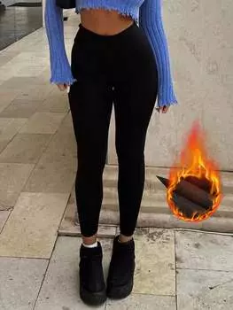 Rose Beauty Спортивные эластичные леггинсы с высокой талией и карманами для занятий йогой, теплые обтягивающие леггинсы с подкладкой из шерпы, повседневные удобные брюки XS чёрный