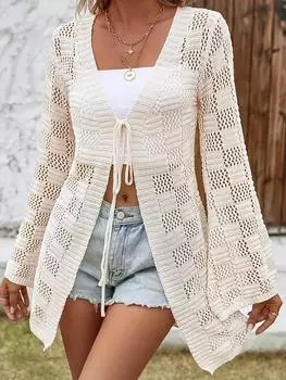 Rose Beauty Стильный клетчатый кардиган-кимоно больших размеров - женская повседневная одежда больших размеров с длинным рукавом и вырезами на шнуровке для осенне-зимнего сезона 1XL бежевый