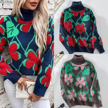Rose Beauty Трехмерный флокированный цветочный принт свитер для женщин осень-зима новый воротник поло трикотаж топ S красный