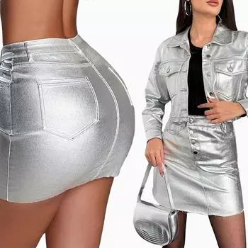 Rose Beauty Винтажная эластичная серебристо-металлическая асимметричная облегающая мини-юбка с застежкой на пуговицы из искусственной кожи XS серебряный