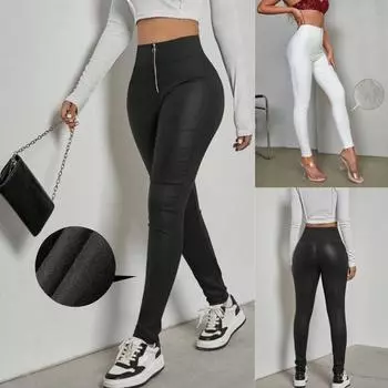 Rose Beauty Зимние теплые женские брюки на молнии из искусственной кожи, термобархатные эластичные обтягивающие брюки-карандаш XS чёрный