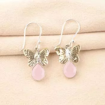 Rose Chalcedony Gemstone 925 Sterling Silver Jewelry Handmade Hook Earrings 1.3 EE-155-18