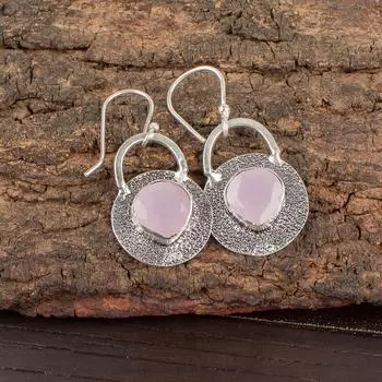 Rose Chalcedony Gemstone 925 Sterling Silver Jewelry Handmade Earrings 1.30 EE-63-17