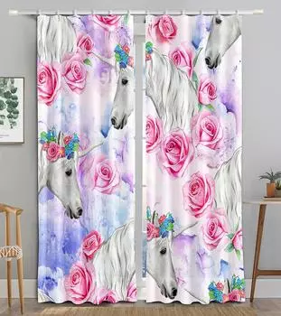 Rose Flower Red Deer Cute Pig Panda Tiger Leaf 3D Printed Curtain for Boys Girls Room Living Room Window High Shading 2 Panels W55 X H120cm X 2&HOOK