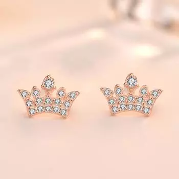 Серьги-гвоздики в форме короны из стерлингового серебра 925 пробы с розовым золотом для женщин розового золота
