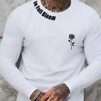 Мужские футболки с принтом «Роза и буквы», футболки с длинным рукавом и круглым вырезом, повседневные свитера, мужская одежда больших размеров XS белый