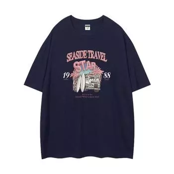 Rose Park Caiying Same Style American vintage Short sleeve T-shirt Women Summer New Fashion Brand European and American Street Plus size Top Navy blue XL