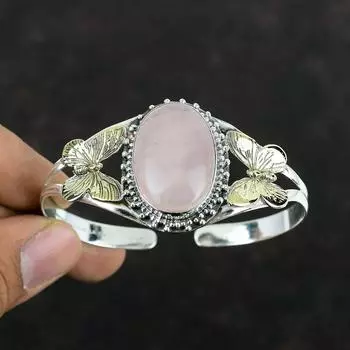 Rose Quartz Bangle 925 Sterling Silver Cuff Bracelet Handmade Bangle Adjustable 18K Gold Plated Bangle Gemstone Jewelry Butterfly Bracelet