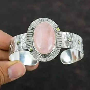 Rose Quartz Cuff Bracelet 925 Sterling Silver Cuff Bracelet Handmade Bangle Adjustable Bangle Rose Quartz Gemstone Jewelry Anniversary Gifts