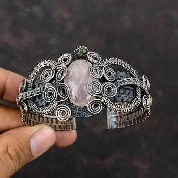 Rose Quartz Cuff Bracelet Copper Wire Wrapped Gemstone Bangle Adjustable Cuff Bracelet Handmade Copper Jewelry Gift For Him Brand New Bangle