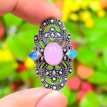 Rose Quartz Gemstone Handmade 925 Sterling Silver Jewelry Ring Size 7 w0U33