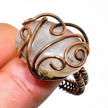 Кольцо из медной проволоки с драгоценным камнем розового кварца, размер 9