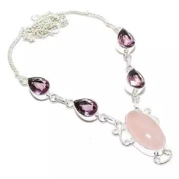 Rose Quartz, Kunzite Gemstone 925 Sterling Silver Jewelry Necklace 18 s2P49 розовый